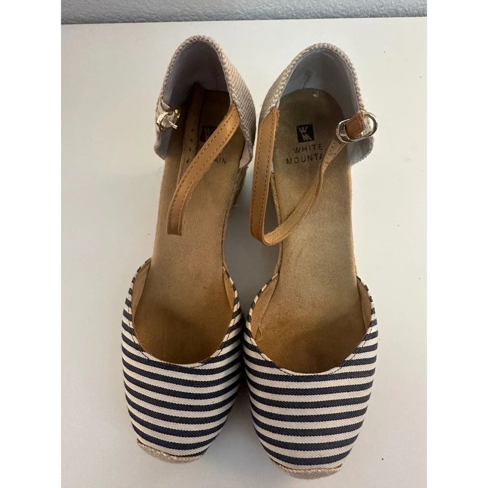 White Mountain Women's Blue Striped Espadrille Ankle Strap Wedge Sandals 7.5M